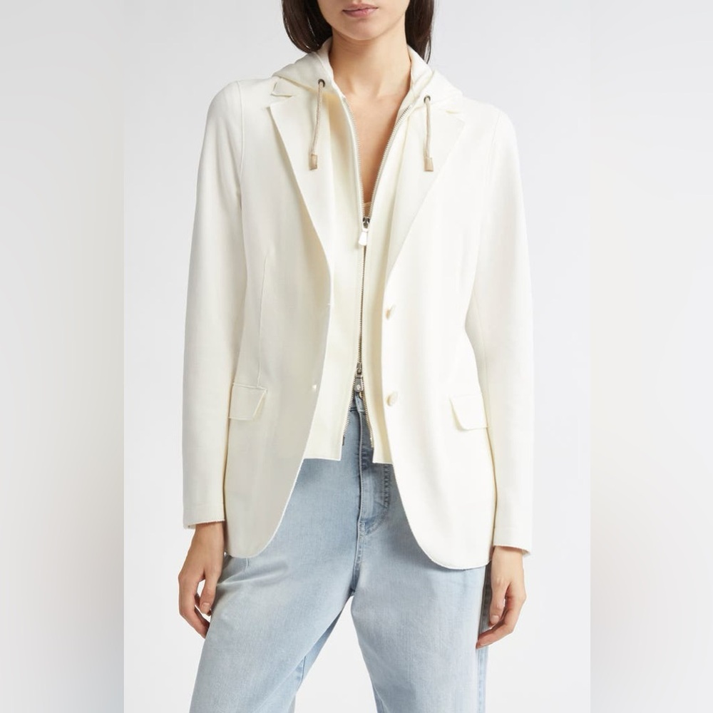 Eleventy Cotton Blend Knit Blazer with Removable Hooded Bib Off White Sz 4 NWI